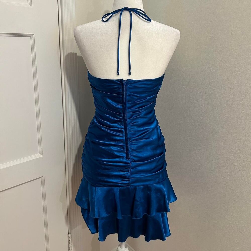 Vintage Roberta Ruched Blue Ruffle Halter Open Back Mini Dress Size 3/4 - Picture 3 of 4